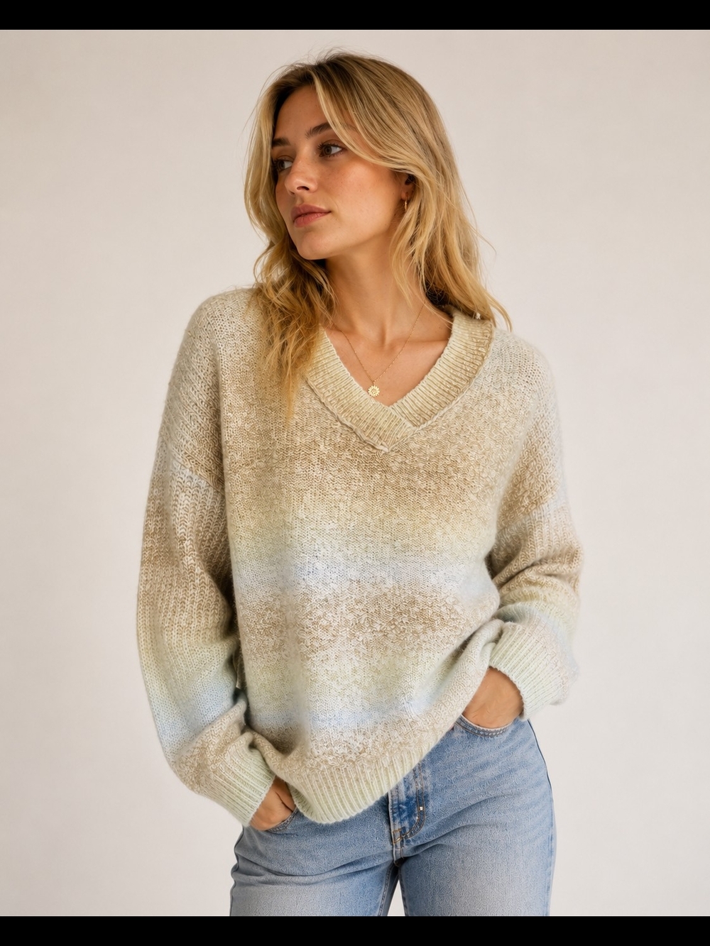 Sonoma V-Neck Ombre Sweater in Cream and Pastel Blue-Green